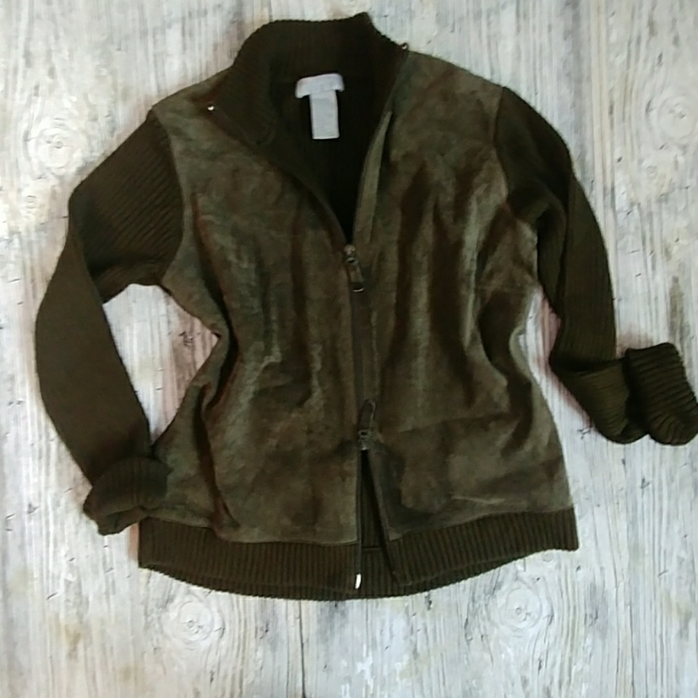 Olive green leather suede full zip panel sweater